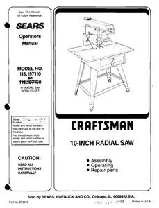 1989 Craftsman 113.197110 10-inch Radial Arm Saw with Leg Set Instructions - Picture 1 of 1
