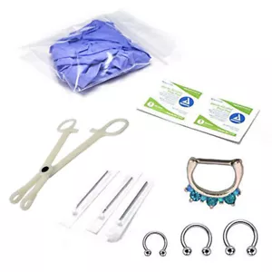 10-Pcs Septum Piercing Kit - Horseshoe, Clicker Random, Needle, Forceps, Gloves - Picture 1 of 4