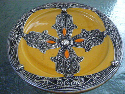 Vintage Stoneware Wall Hanging Decorative Plate / Dish / Bowl Metal Cross Design • 32.70£
