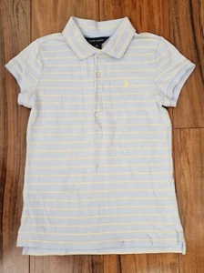 Ralph Lauren Girls Yellow-Striped Logo Embroidered Blue Polo Shirt - Size 8-10Y - Picture 1 of 7