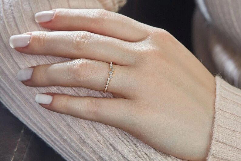 Diamond Cluster Ring in 14k Rose Gold / Unique Diamond Stackable Ring/ Diamond  - Image 1 of 4