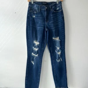 Pantalones de mezclilla Judy Blue para mujer 3/26 desgastados corte novio elástico lavado oscuro usados en excelente estado - Imagen 1 de 7