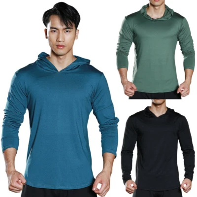 Funktions Shirt Herren langarm mit Kapuze Laufshirt Hoodie Fitness Longsleeve - Bild 1 von 2