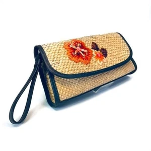 booth LOFT Straw Clutch Purse with Orange Raffia Flowers Ann Taylor Loft - Picture 1 of 12