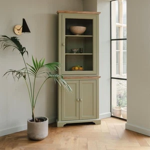FLORENCE Corner Glass Display Cabinet, Sage Green Kitchen Dresser, ASSEMBLED - Picture 1 of 7
