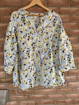 J Jill Love 亚麻沿海蓝色和黄色花卉纽扣 V 领上衣 XL 码 — 第 1/4 张图片