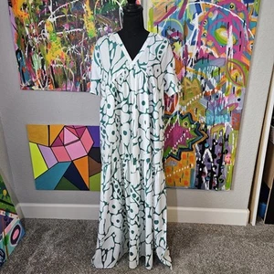 Womens V Neck Floral Green Floral Print Maxi Long Dress Loose NWT Size M - Picture 1 of 9