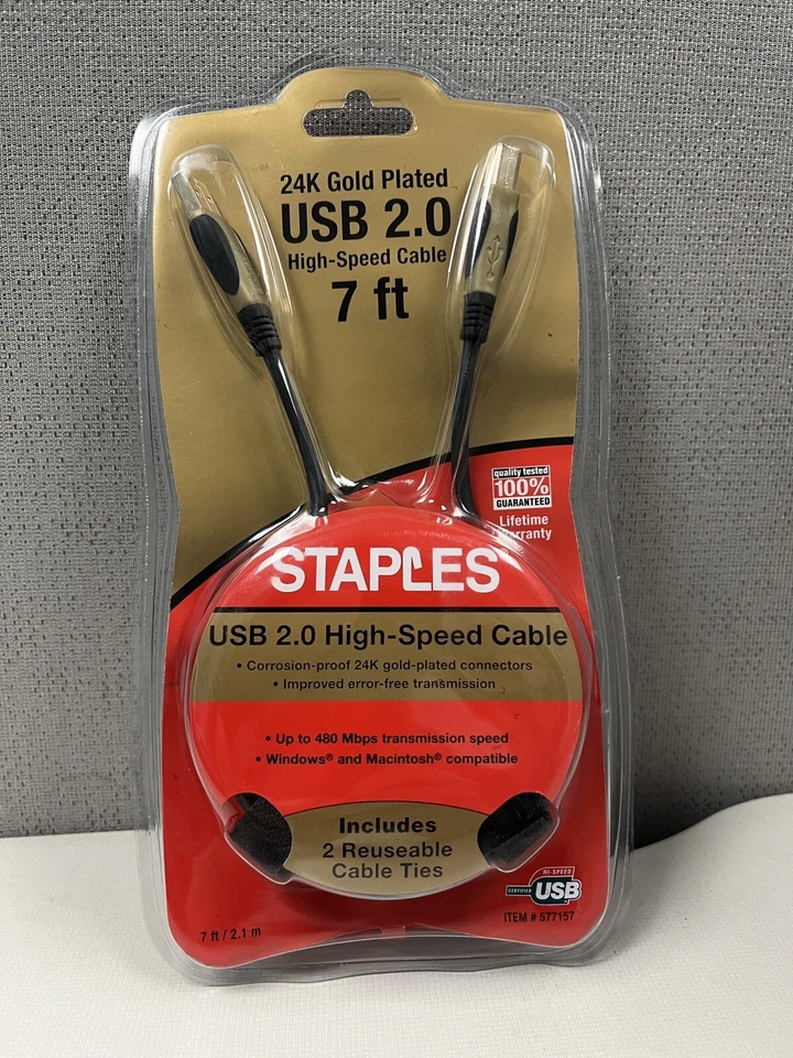 STAPLES 24K Gold Plated 7 ft USB 2.0 High Speed Computer Cable 577157 NEW - Image 1 of 4