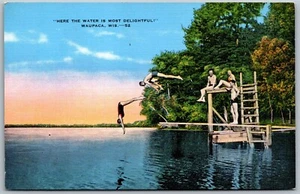 Vtg Waupaca WI Water Is Delightful People Diving From Dock 1940s Postcard - Picture 1 of 2