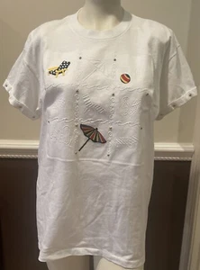 VTG 80s PGB Women’s Medium P.G.B. White T-Shirt Embroidered Beach Chair Ball Umb - Picture 1 of 17