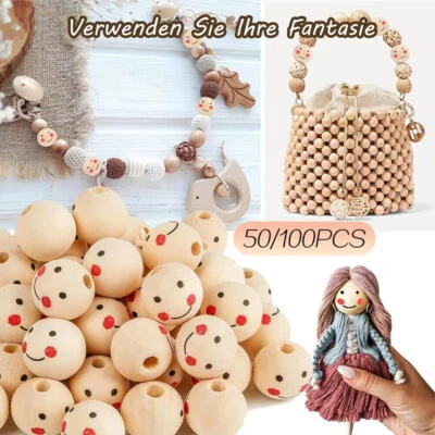 1-50 Smile Face Painting Round Natural Wooden Beads DIY Handcraft Jewelry Making - Image 1 of 4