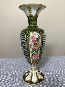 ANTIQUE BOHEMIAN MOSER TYPE CASED DECORATED GLASS VASE 12.25” EMERALD GREEN