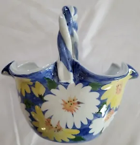 Vintage Andrea by Sadek Blue bowl with Yellow and White Daisies - Picture 1 of 5