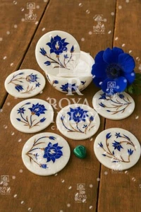 Blue Floral Inlay –Set of 6 Marble Coasters – Handmade with Holder - Picture 1 of 4