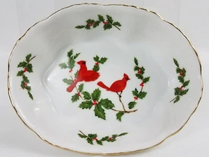 Lefton Dish Cardinals Holly Holiday 1984 China Japan Soap Candy Change Mints - Picture 1 of 1