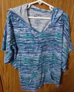 MUDD L(14) MULTI-COLOR HOODED CAPE SLEEVE PULLOVER TOP #80D - Picture 1 of 3