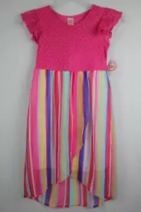 Girls Lace Chiffon Dress Large PLUS 10 - 12 Hi-Low Pink Stripe Party School New - Picture 1 of 4