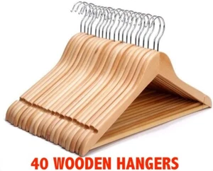 40 WOODEN COAT HANGERS SUIT GARMENTS CLOTHES WOOD HANGER TROUSER BAR SET - Picture 1 of 10