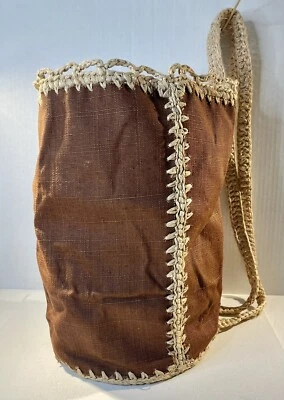 Bolso de mano vintage CARRIE FORBES TEJIDO A MANO marrón lino arpillera mochila correa Foto 1 de 4