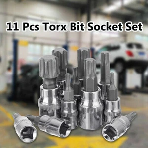 11Pcs T10-T60 3/8" 1/4" Driver Tamper Proof Torx Star Bit Socket Kit Tool Set - Picture 1 of 4