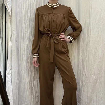 Brown And White Stripes Jumpsuit Vintage 70s Toni Todd Size Medium - Image 1 of 4