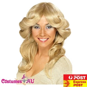 Ladies Long Blonde Blond 70s Flick Wig 1970s Farrah Fawcett Disco Rama Mama - Picture 1 of 2