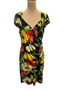 FRANK LYMAN Women's Black Multicolor Tropical Floral Faux Wrap Dress Size 14 Vtg - Picture 1 of 10