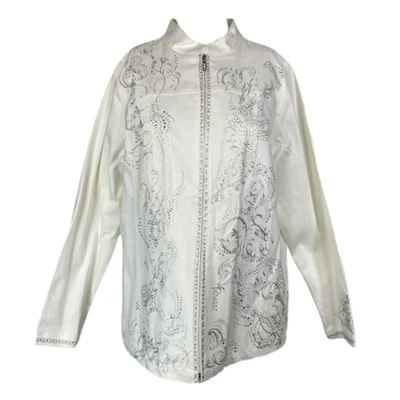 New Quacker Factory Jacket Womens Sz M White Jean Cotton Embroidered Rhinestone - Image 1 of 4