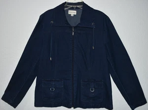 Denim Jacket PL Stretch Jean Full Zip Pockets Drawstring Neck Studio Works PL - Picture 1 of 16