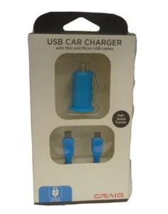 Craig USB Car Charger Mini & Micro Cables Light BLUE - Picture 1 of 1