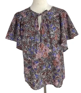 C & C California Floral Flutter Sleeve Tie Neck Blouse Women’s Size Medium  - Picture 1 of 6