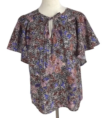 C & C California Floral Flutter Sleeve Tie Neck Blouse Women’s Size Medium  - Image 1 of 4