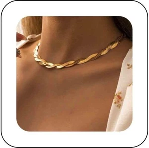 Punk Herringbone Necklace for Women Gold Twist Snake Chain Choker Necklace Doubl - Picture 1 of 7