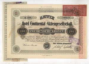 Hotel Continental AG, Wien – Aktie über 200 Kronen, vom 1. März 1916, mit Kupons - Bild 1 von 2