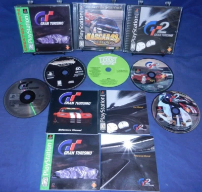 PS1; Gran Turismo, Gran Turismo 2, NASCAR 99 Legacy CE - 2 Disc, W/Manuals, VG - Image 1 of 4