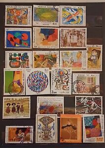 France, lot de 64 timbres oblitérés + 2 jolis blocs, sur le thème de l'art.