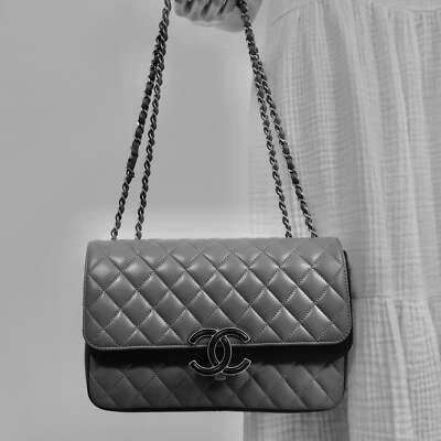 CHANEL TWO TONE DOUBLE FLAP BAG GRAY AND BLACK WITH LEATHER COVERED CC - Image 1 of 4