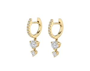 Dangle huggie hoop earrings with charm 14k yellow gold tiny hoops moissanite - Picture 1 of 7