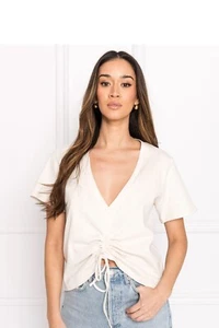 Camiseta LaMarque Enya Runched Acanalada Ajustable Corbata Woodsmoke/Crema Cuello en V M Nueva con Etiquetas - Imagen 1 de 7