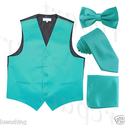 New Men's solid Tuxedo Vest Waistcoat & necktie & Bow tie & Hankie teal prom  - Image 1 of 4