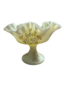 Vintage Fenton Custard Glass Ruffled Edge Hand Painted Floral Pedestal Bowl Sign - Picture 1 of 5