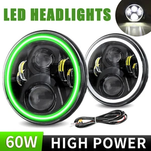 Pair 7'' LED Headlight Green Hi/Lo Angel Eyes Headlamps for Jeep Wrangler JK JKU - Picture 1 of 12