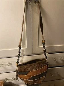 Vintage Woven Sisal Bag With Leather Strap And Beaded Accents - Picture 1 of 7