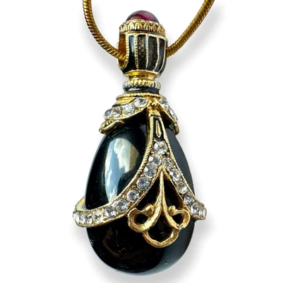 Sterling Black Onyx Faberge Egg Pendant Genuine Garnet Swarovski Crystals Enamel - Image 1 of 4