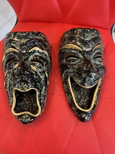 Par de máscaras de comedia y tragedia de cerámica MCM de colección decoración de pared teatro - Imagen 1 de 4