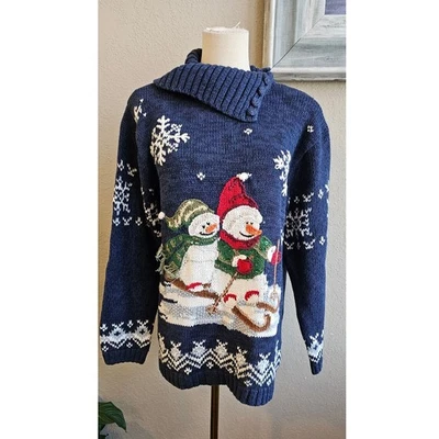 Suéter De Colección Stitches In Time Para Mujer Muñeco de Nieve Esquí Vacaciones Nieve Invierno Talla M Azul Foto 1 de 4
