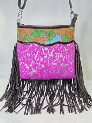 Western Linen Women's Crossbody Pink Cow Hide Fringe Tooled Leather Purse  - Image 1 of 4