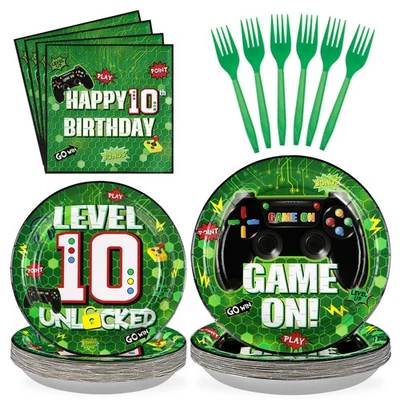 96Pcs 10th Birthday Video Game Party Supplies Green Video Game Paper Plates a... - Image 1 of 4