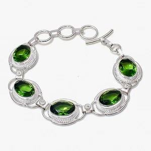 Green Peridot Gemstone Handmade 925 Sterling Silver Jewelry Bracelet Size-7-8" - Picture 1 of 6