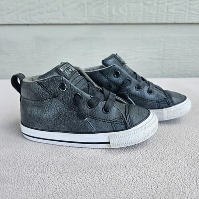 匡威 Converse All Star 灰色皮革中帮学步儿童 8 码懒人运动鞋 — 第 1/4 张图片